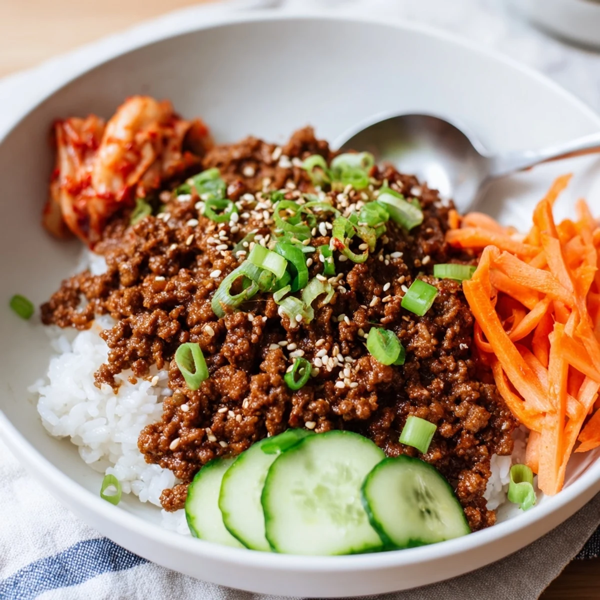 Savory Korean ground beef bowl topped with crisp julienned carrots and fresh cucumber slices