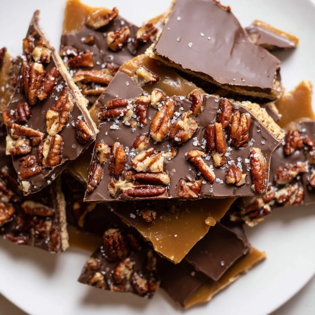 Crunchy pecan pie bark drizzled in rich chocolate on a rustic baking sheet
