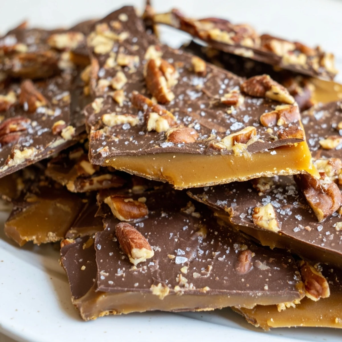 Golden pecan pie bark with gooey caramel, toasted nuts, and melted chocolate pieces