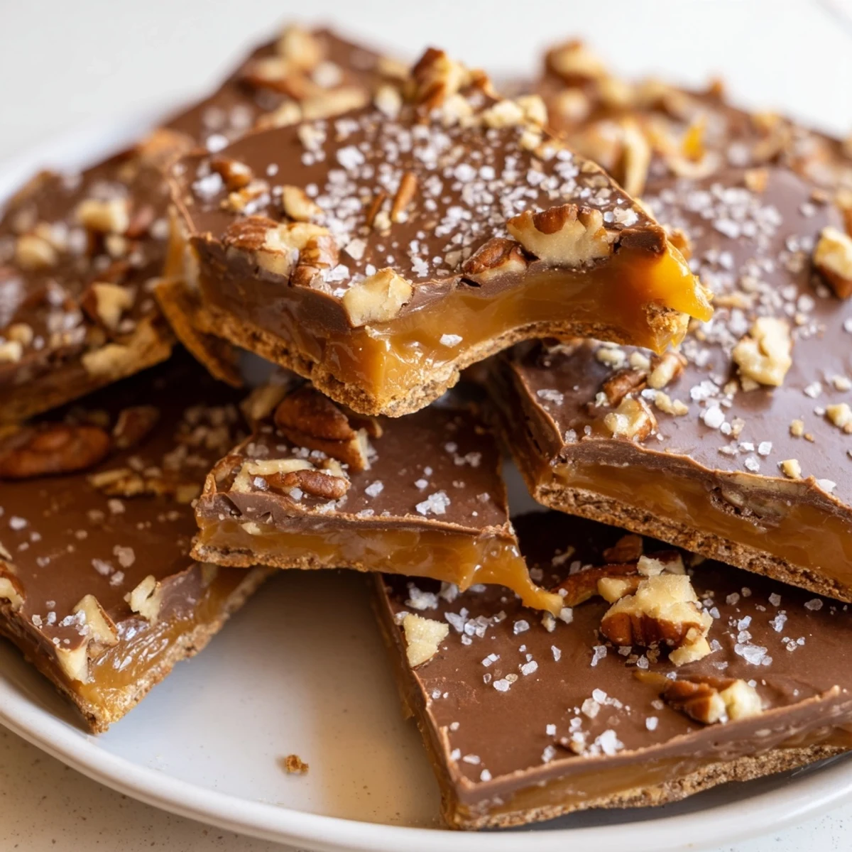 Buttery pecan pie bark topped with roasted pecans and a glossy caramel coating