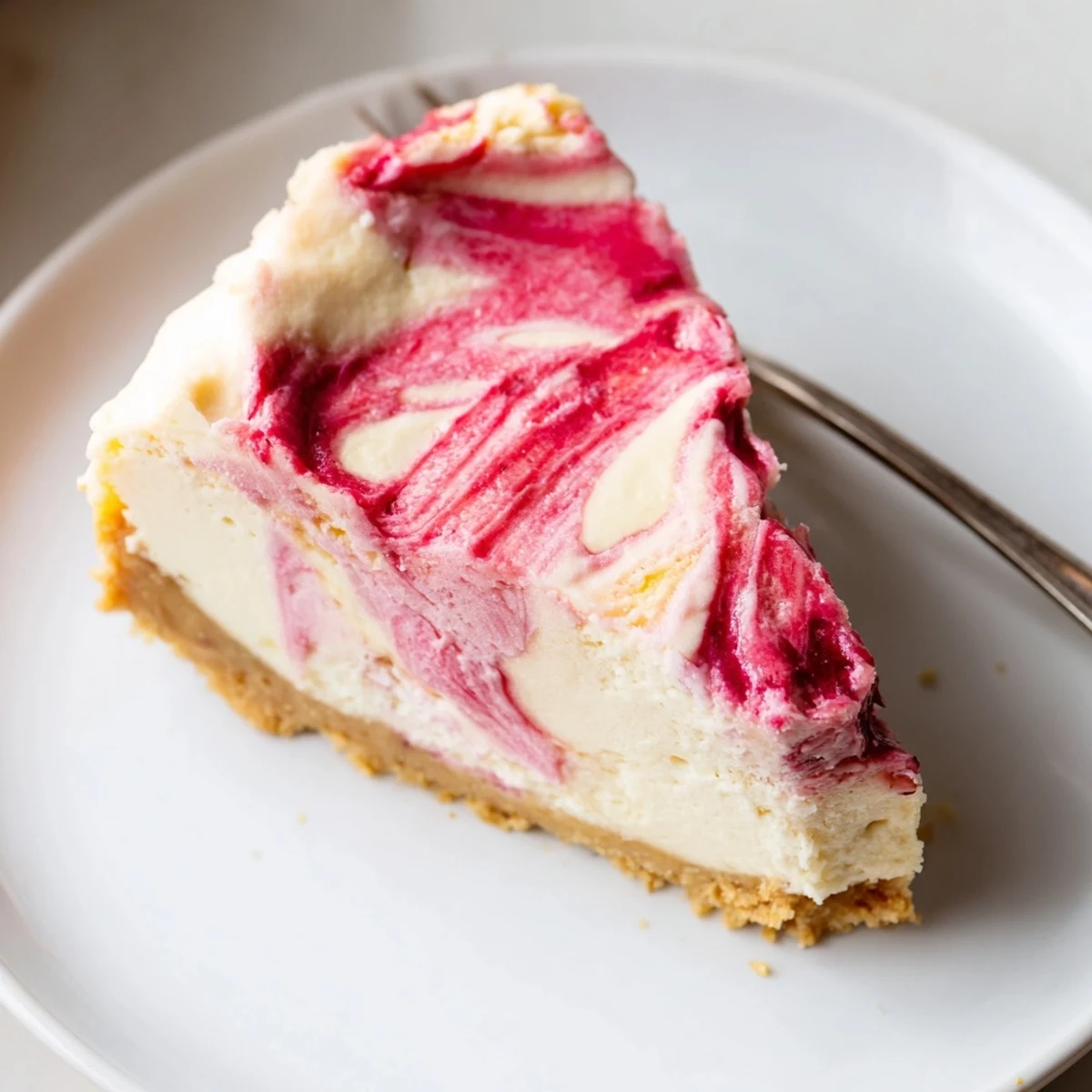 Creamy keto rhubarb cheesecake with vibrant pink swirls sliced on a rustic plate