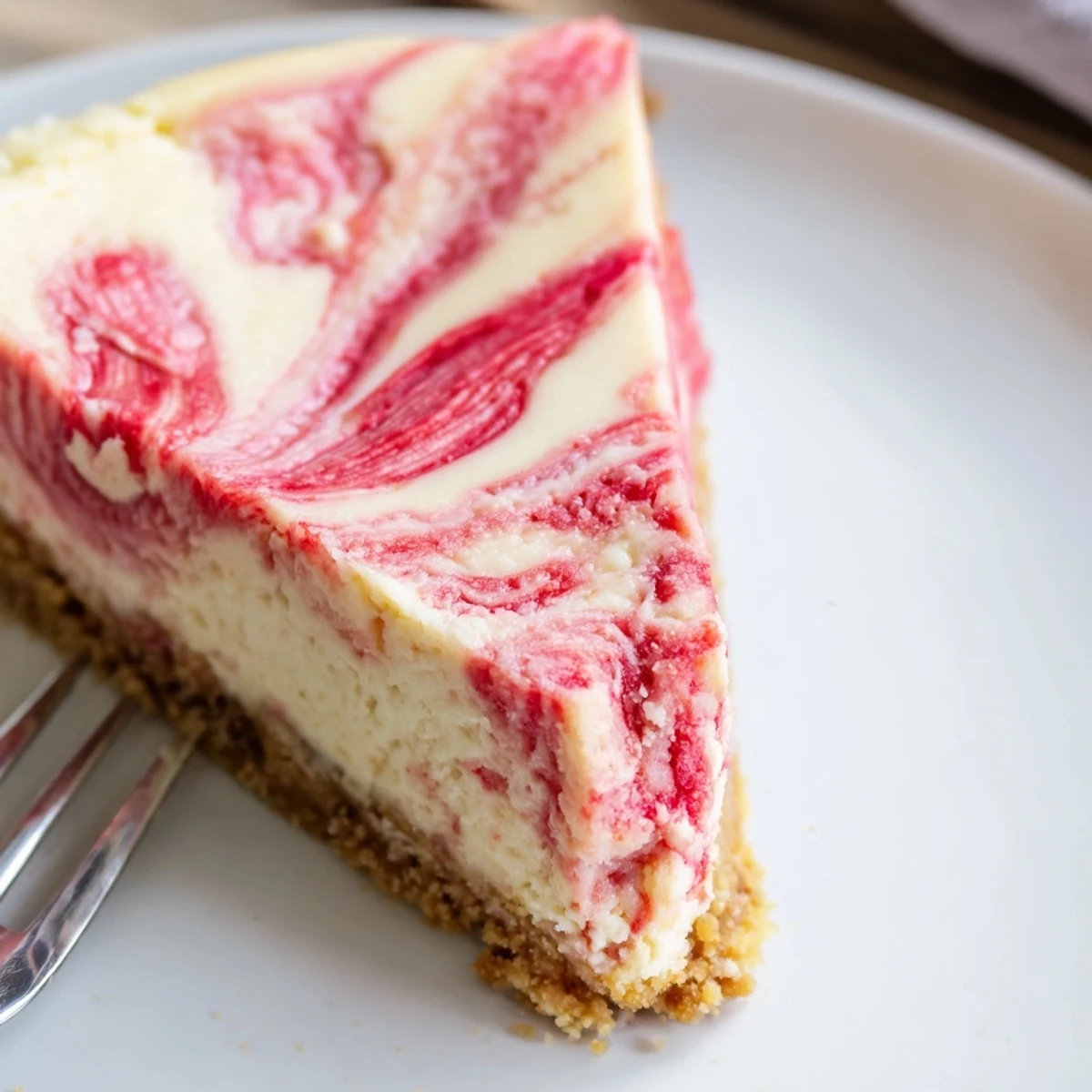 Golden almond flour crust cradles smooth keto rhubarb cheesecake topped with tangy compote