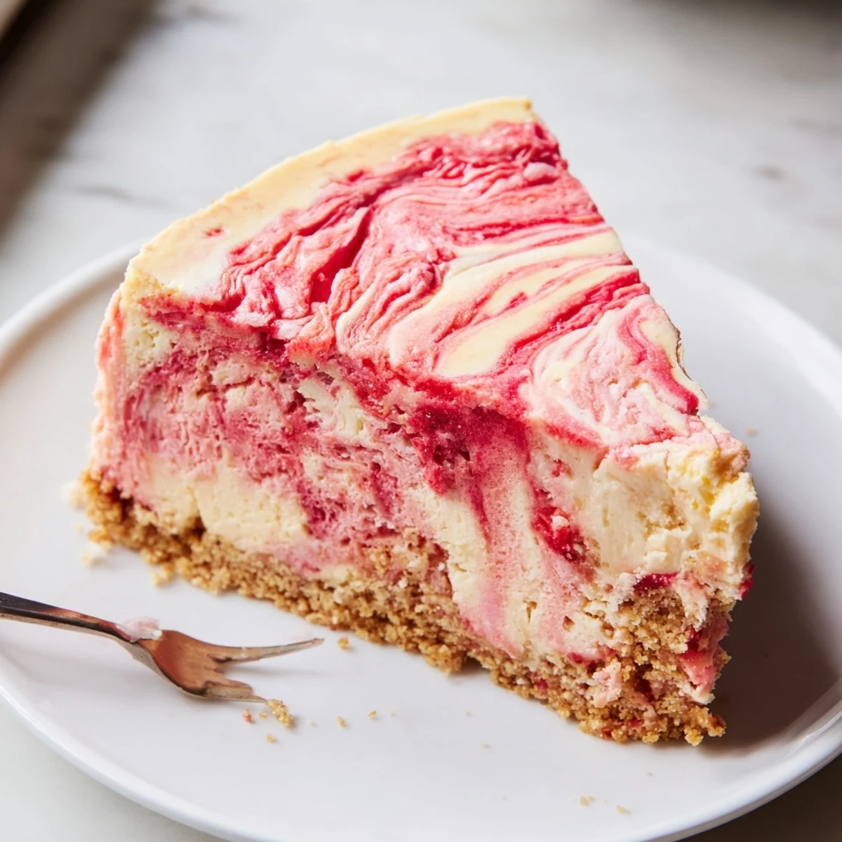 Silky low-carb cheesecake crowned with ruby rhubarb ribbons served on a white platter