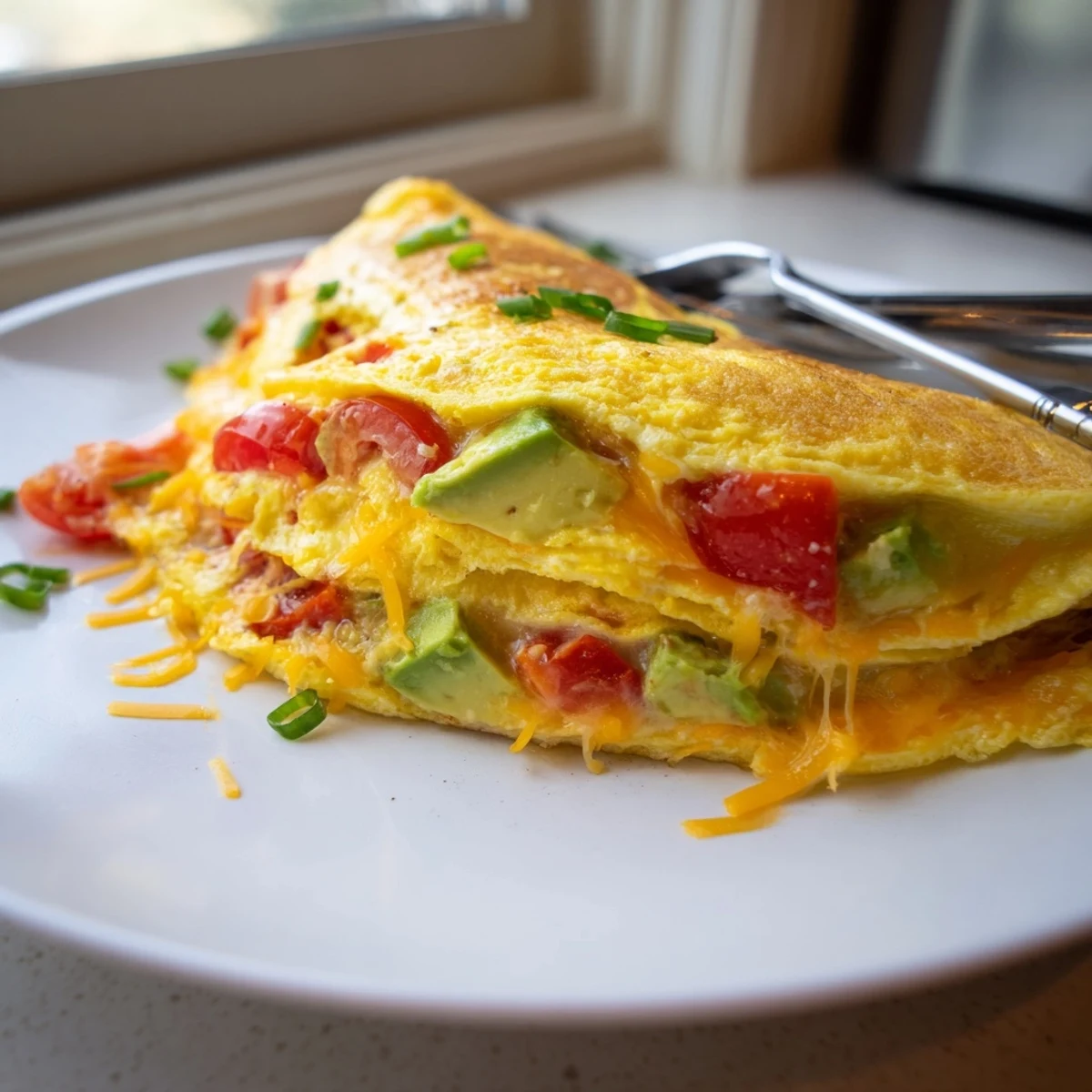 Creamy avocado cheesy tomato omelette topped with diced tomatoes and fresh chives