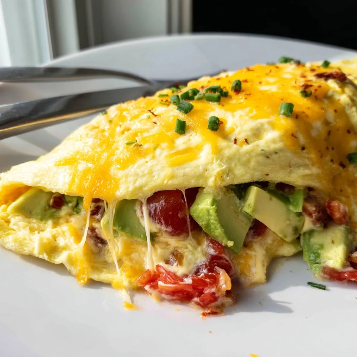 Golden folded avocado cheesy tomato omelette with melted cheddar on a white plate