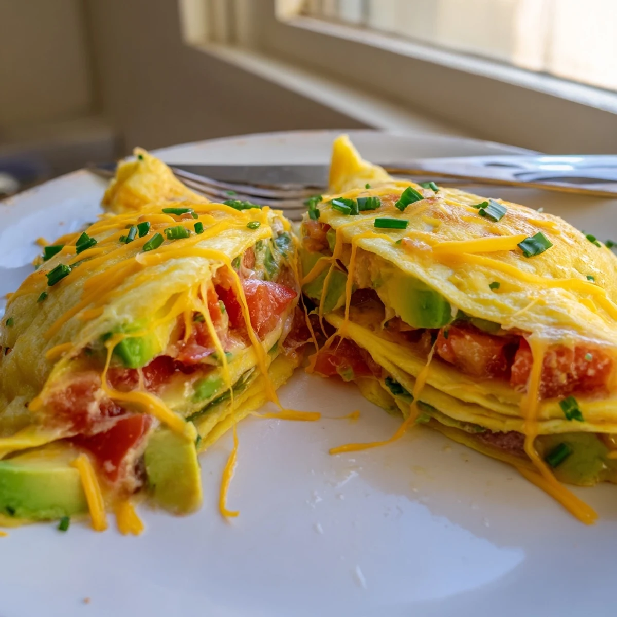 Melted cheese oozing from a creamy avocado cheesy tomato omelette served for breakfast