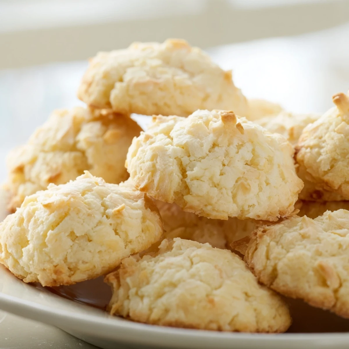 Soft and buttery coconut cookies with golden edges on a rustic baking sheet