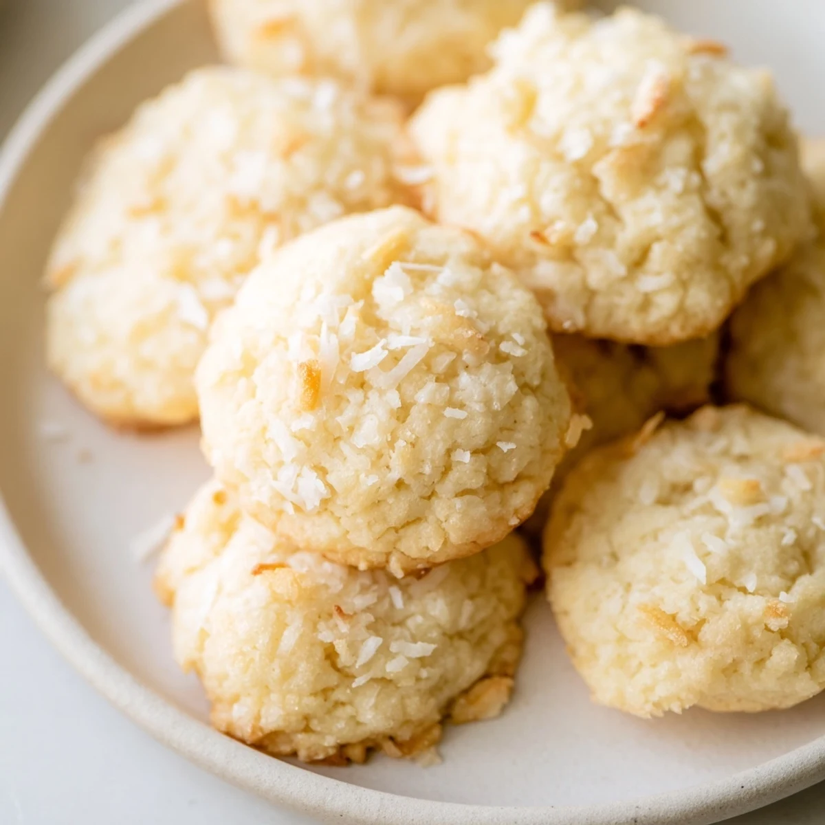 Warm soft and buttery coconut cookies arranged on a wire cooling rack