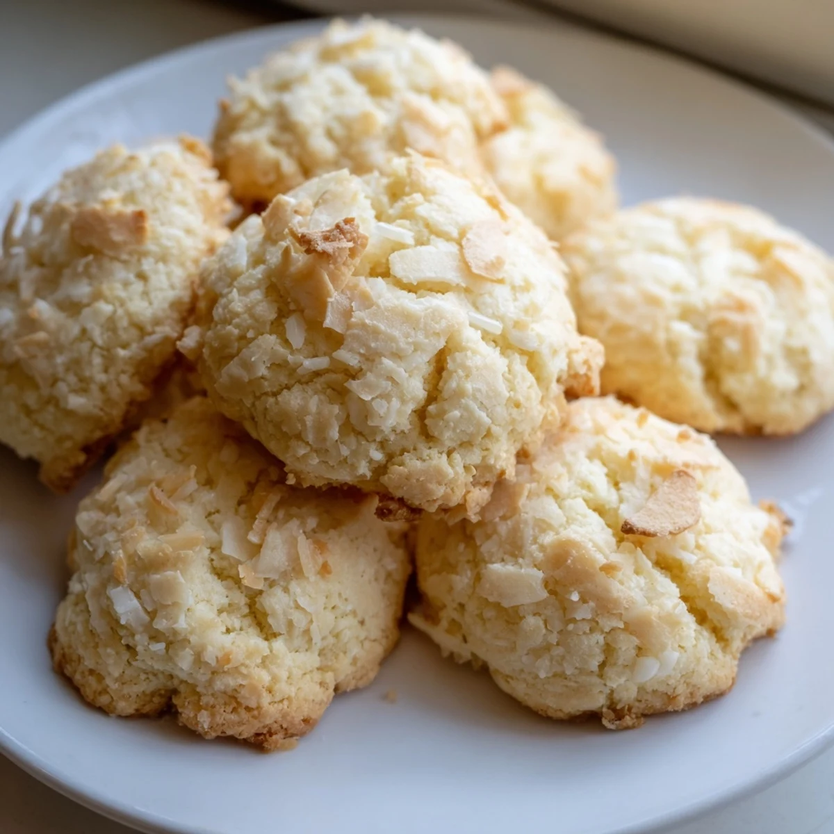 Chewy soft and buttery coconut cookies sprinkled with shredded coconut on a ceramic plate