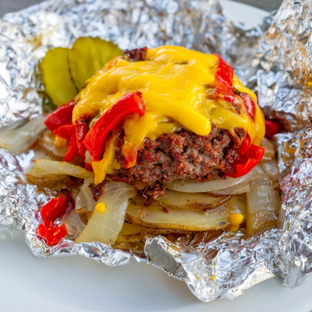 Campfire cheeseburger hobo packets opened to reveal melted cheddar over juicy beef patties