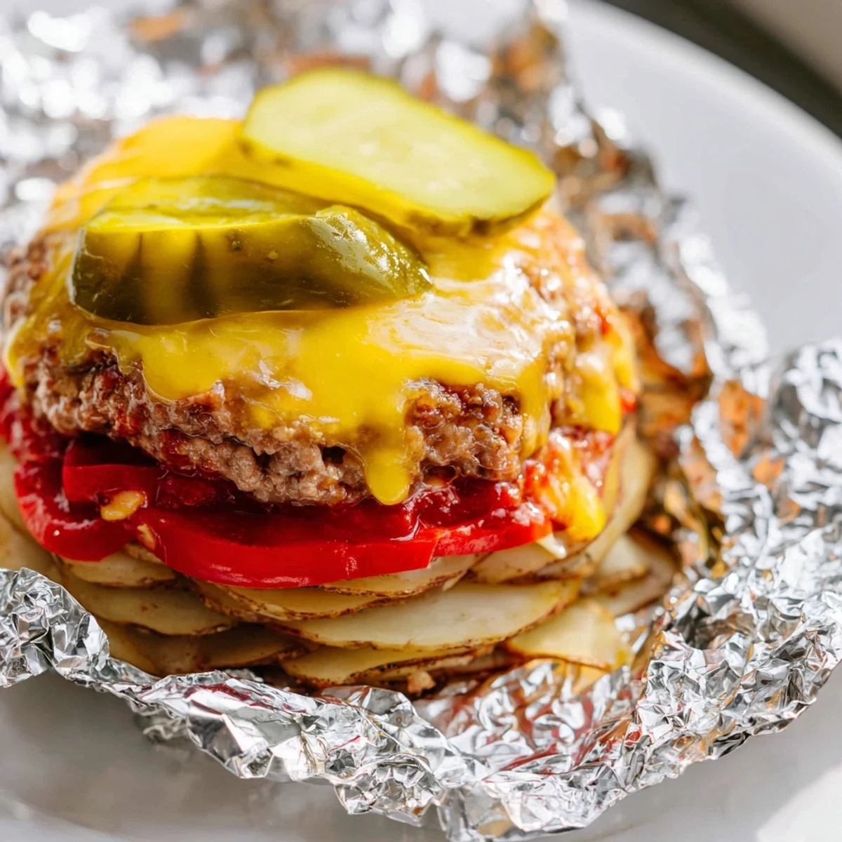 Cheesy campfire hobo packets with seasoned beef and tender vegetables steaming in foil