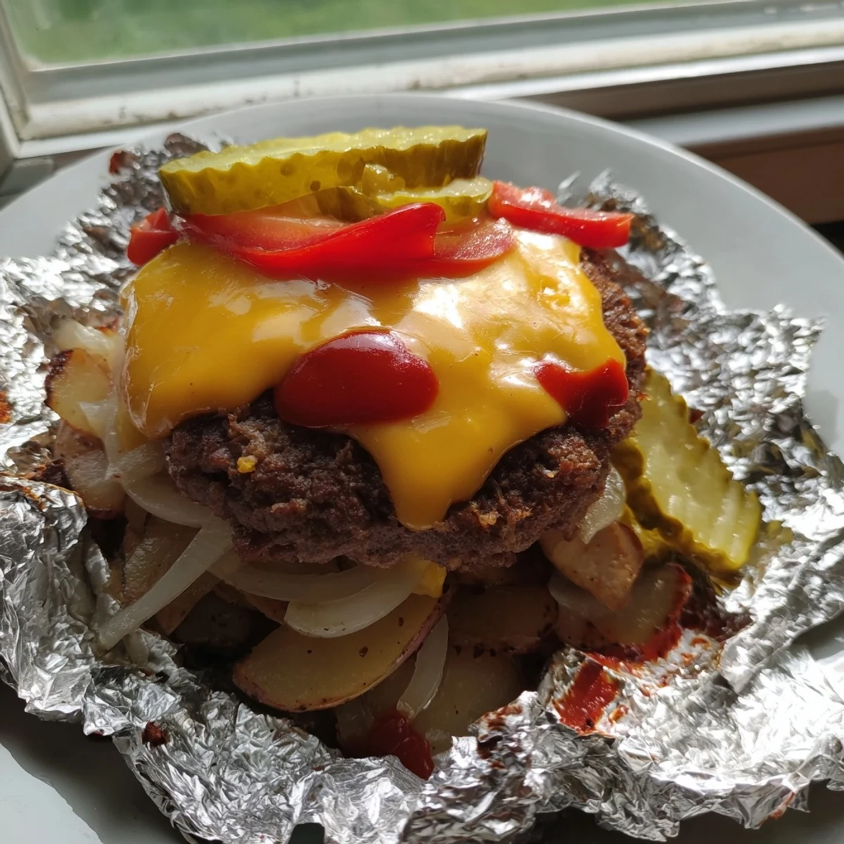 Golden foil packets of campfire cheeseburger hobo dinner with roasted potatoes and melted cheese