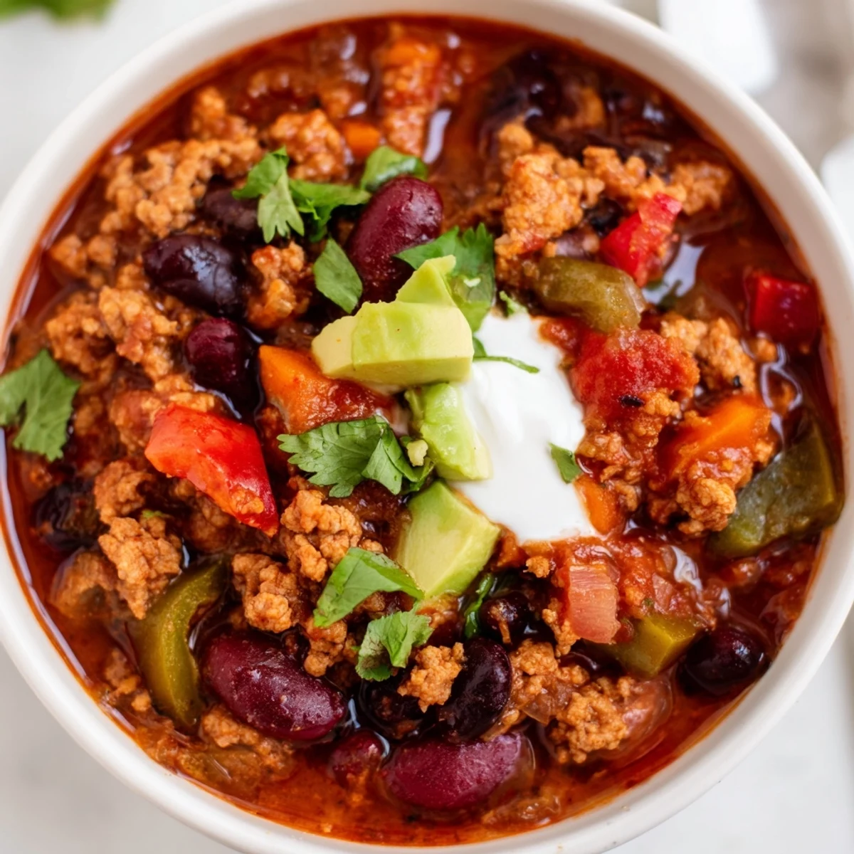 Steaming bowl of diabetic chili topped with avocado and fresh cilantro