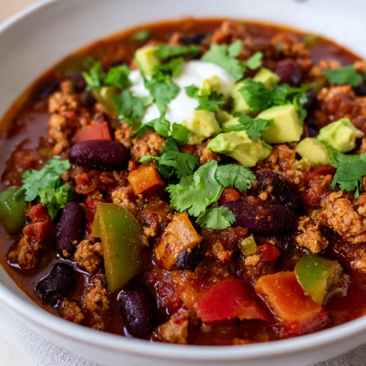 Hearty diabetic chili served in a rustic bowl with Greek yogurt