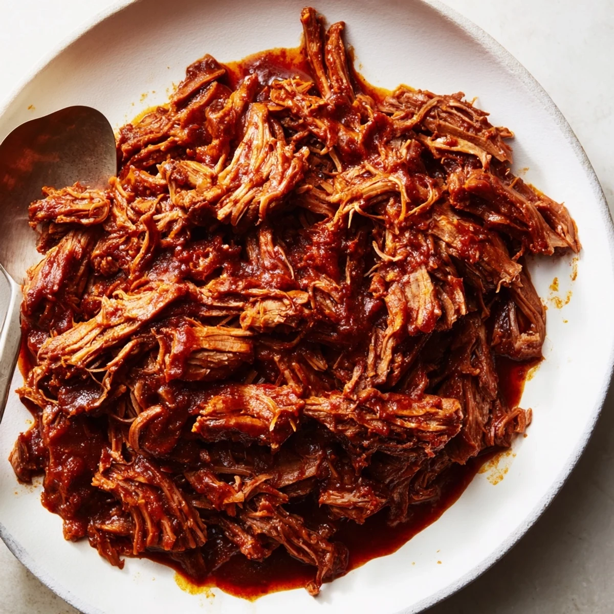 Slow Cooker BBQ Pulled Beef piled high on a toasted bun with creamy coleslaw