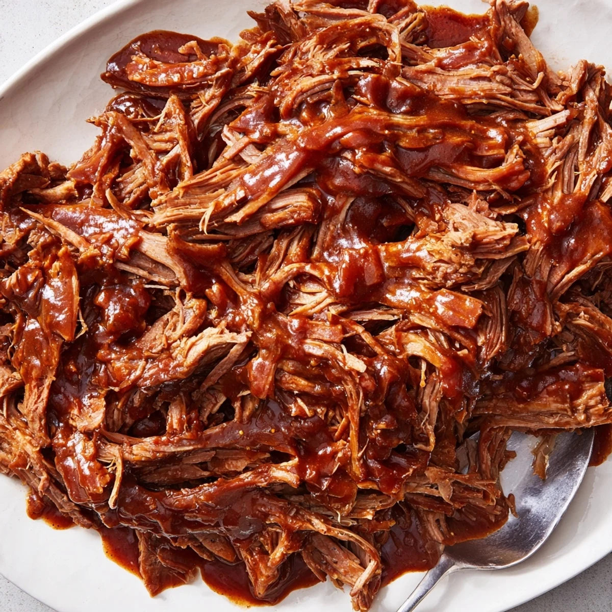 Tender shredded Slow Cooker BBQ Pulled Beef glistening with tangy sweet smoky sauce