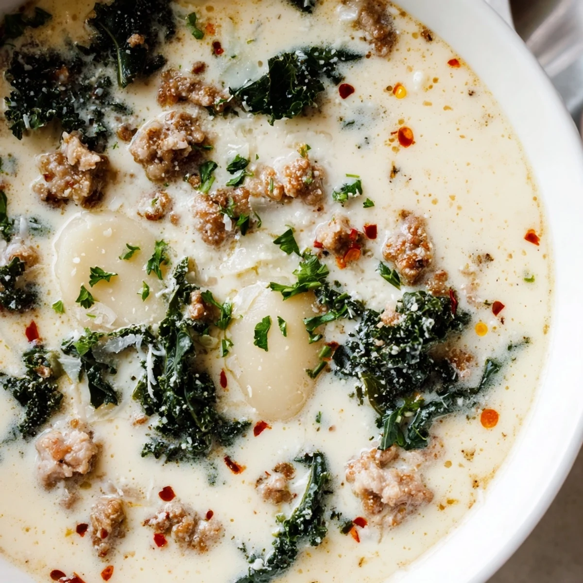 Creamy Zuppa Toscana soup with sausage, potatoes, and kale in rustic bowls