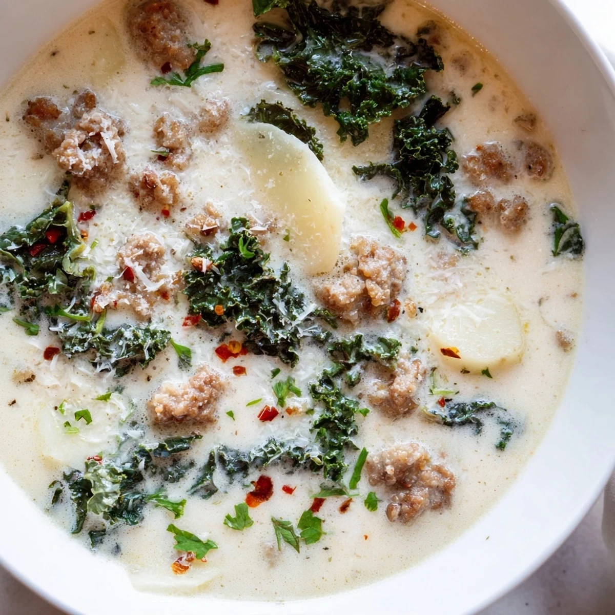 Hearty Zuppa Toscana soup topped with Parmesan cheese and fresh parsley