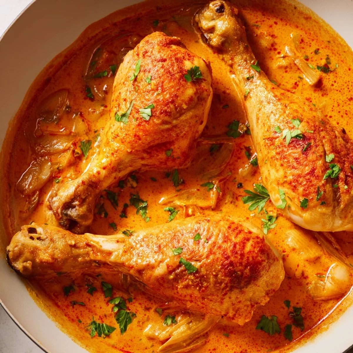 Creamy paprika chicken drumsticks glistening with rich golden sauce in cast iron skillet