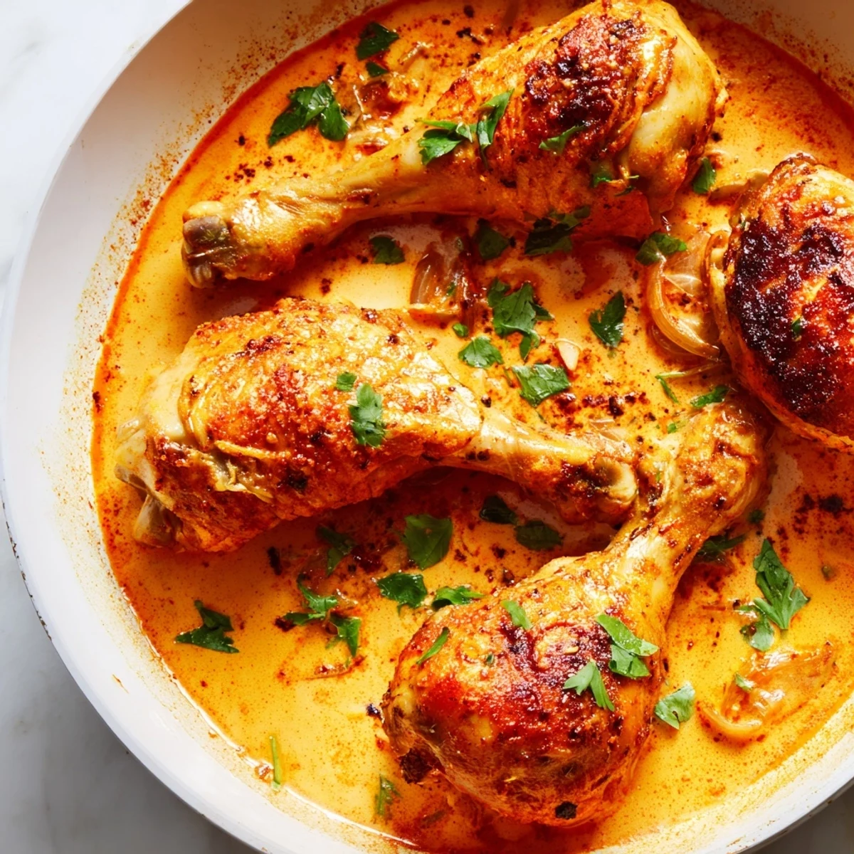 Smoky paprika drumsticks coated in luscious creamy sauce ready to serve over mashed potatoes