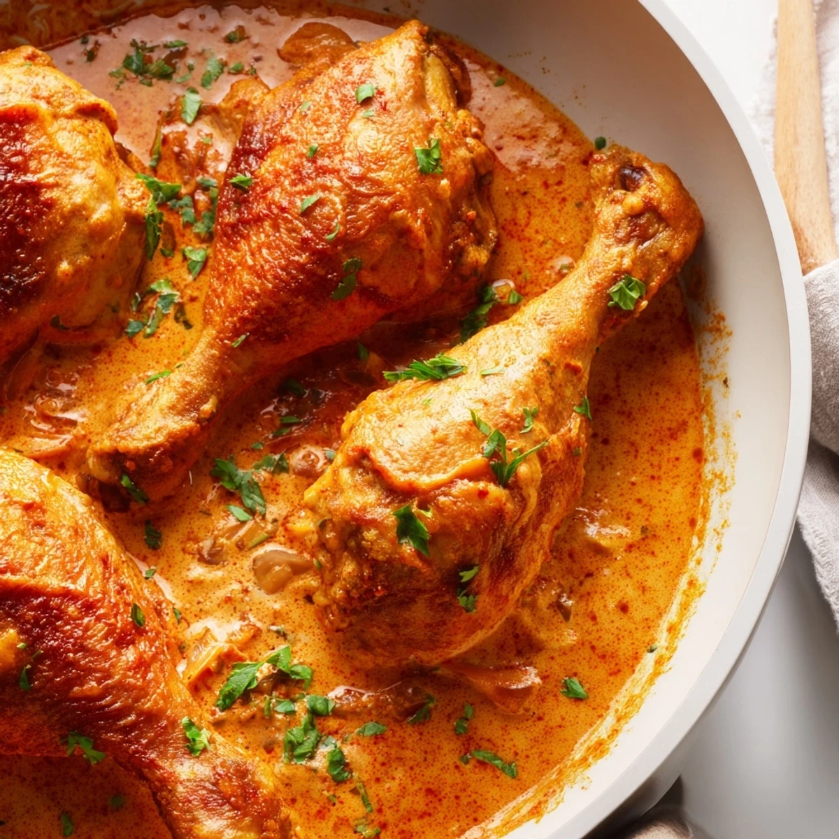 Juicy paprika chicken drumsticks nestled in velvety cream sauce with fresh parsley garnish