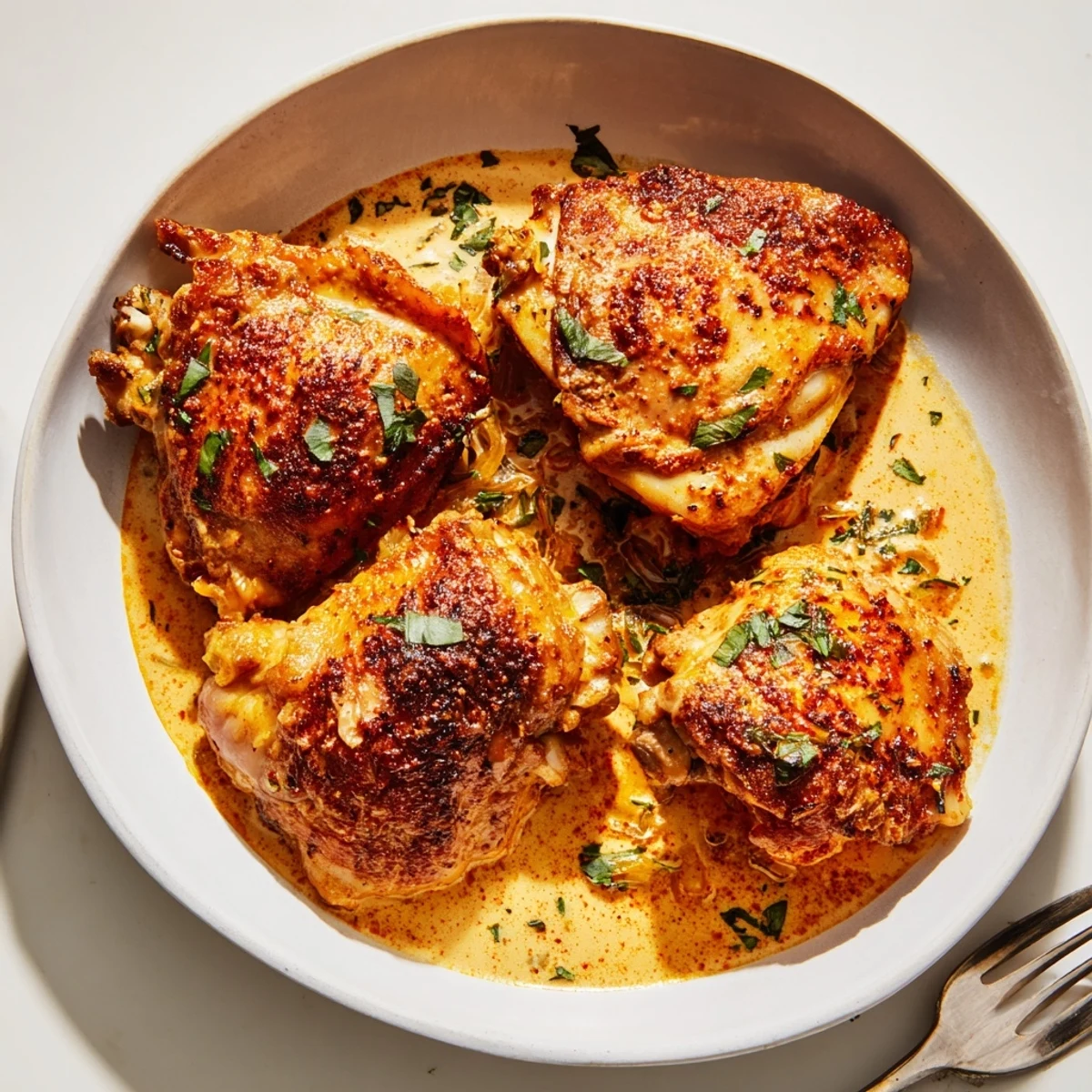 Golden oven baked chicken thighs swimming in a creamy garlic Parmesan sauce with fresh parsley
