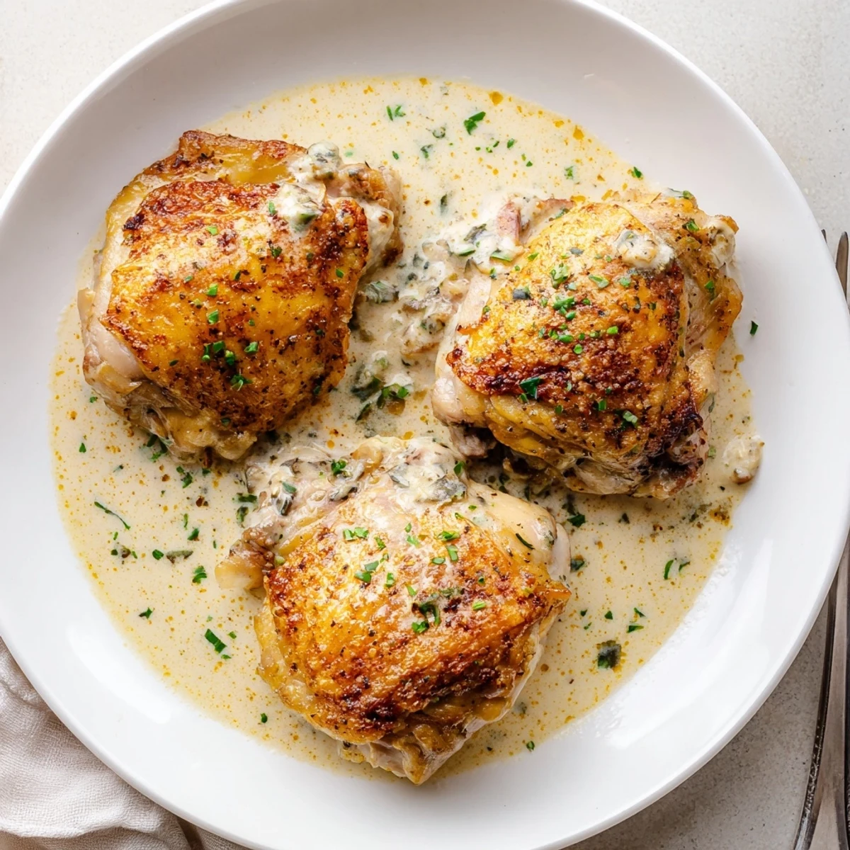 Crispy skinned oven baked chicken thighs nestled in a rich herb cream sauce with spinach