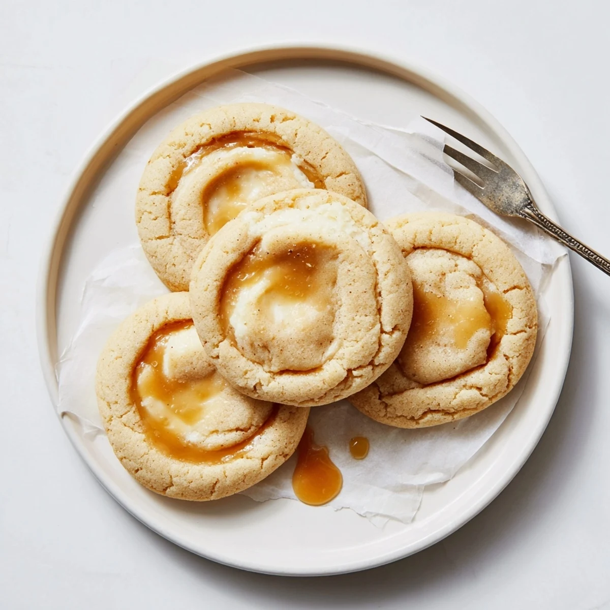 Soft caramel cheesecake cookies with golden edges and gooey caramel swirls on parchment paper.