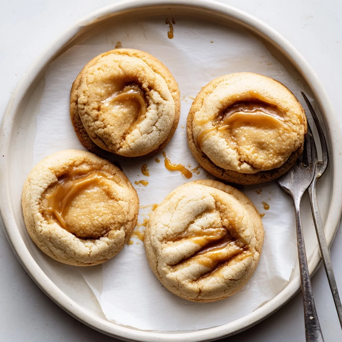 Creamy caramel cheesecake cookies drizzled with rich caramel sauce on a rustic dessert platter.