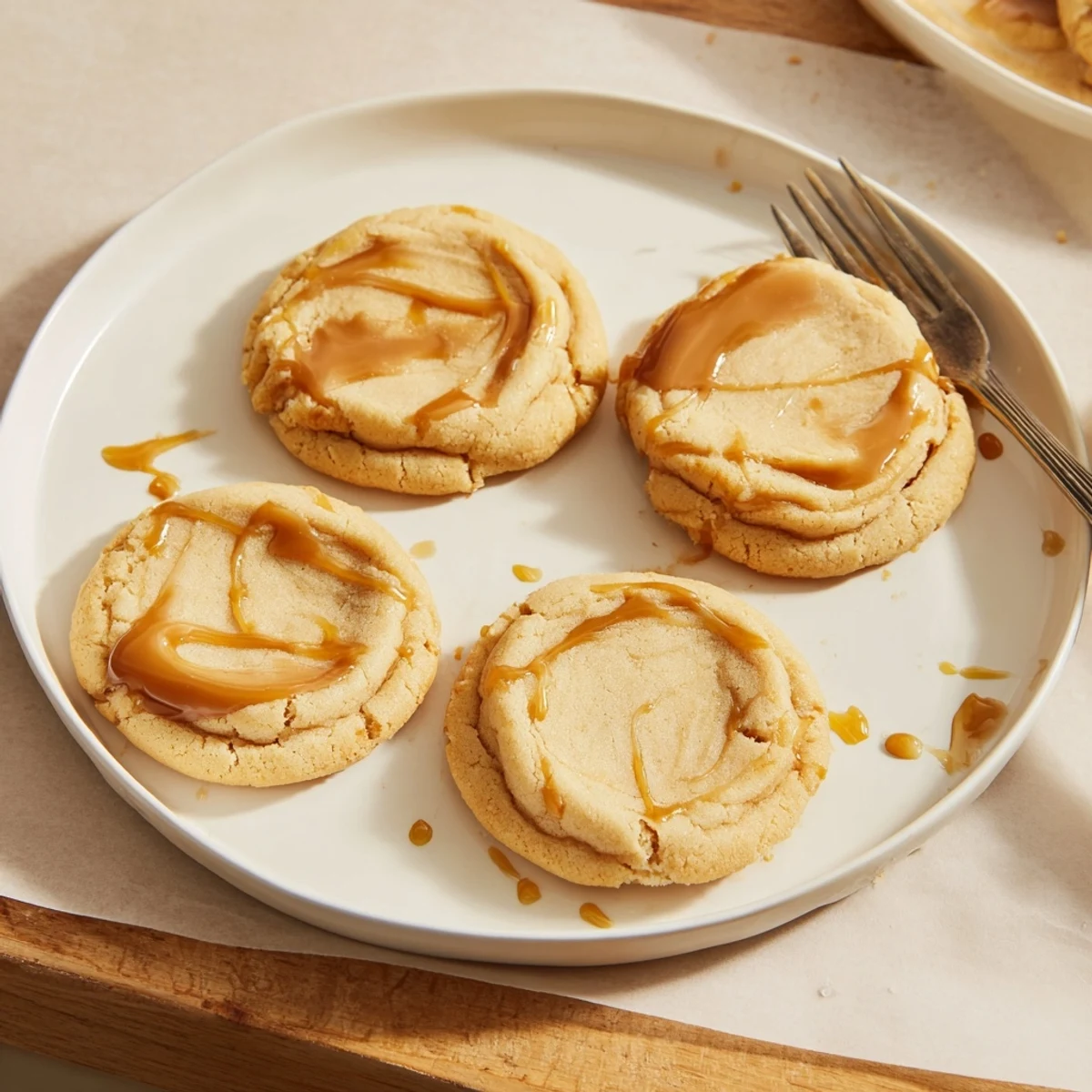 Warm caramel cheesecake cookies with cracked tops and velvety caramel pools, freshly baked.