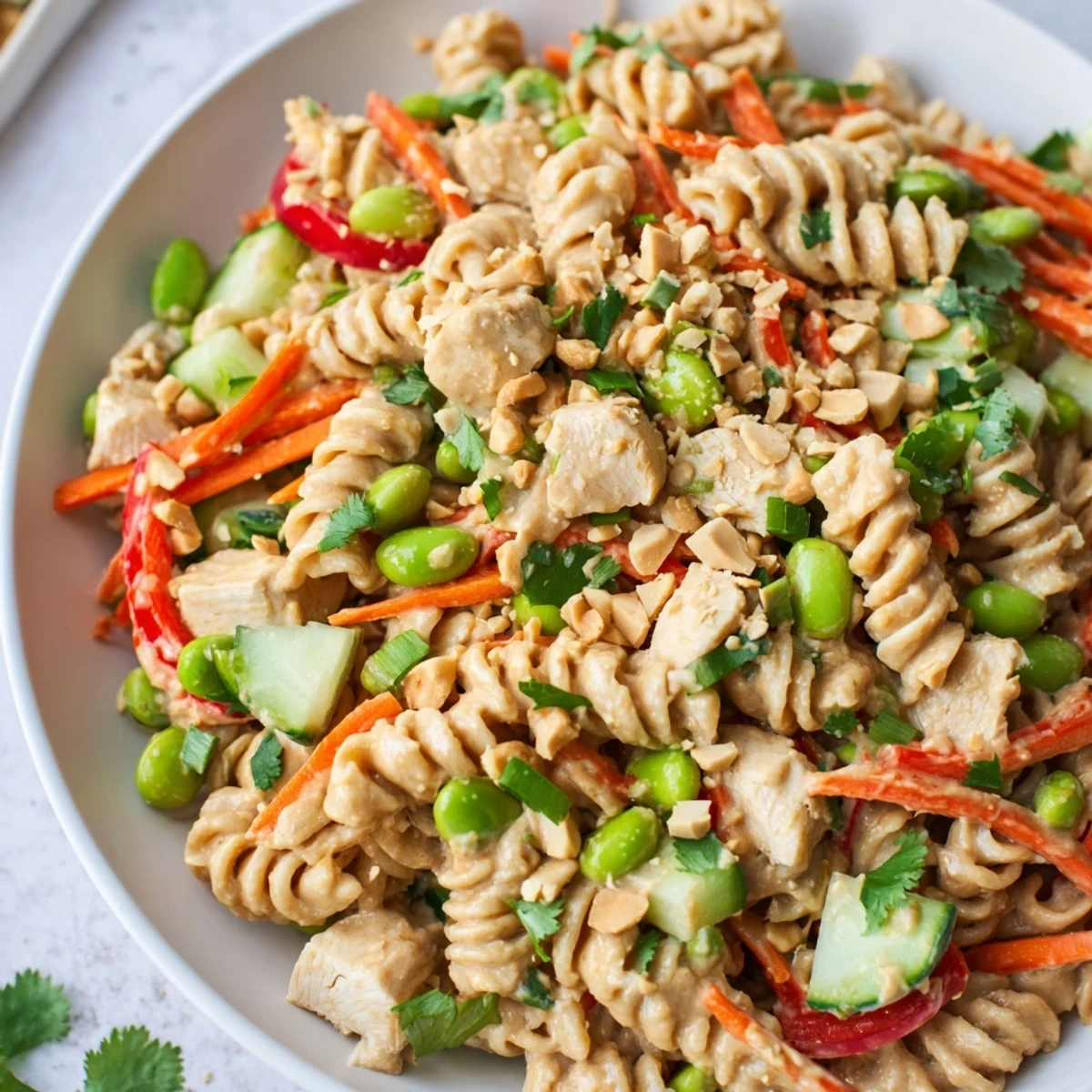 Colorful protein packed Thai pasta salad tossed in creamy peanut dressing with fresh vegetables