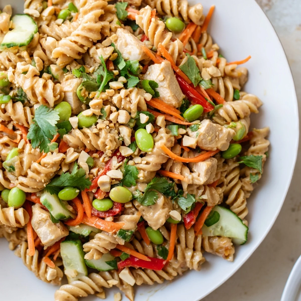 A vibrant bowl of protein packed Thai pasta salad featuring crisp veggies and tender chicken
