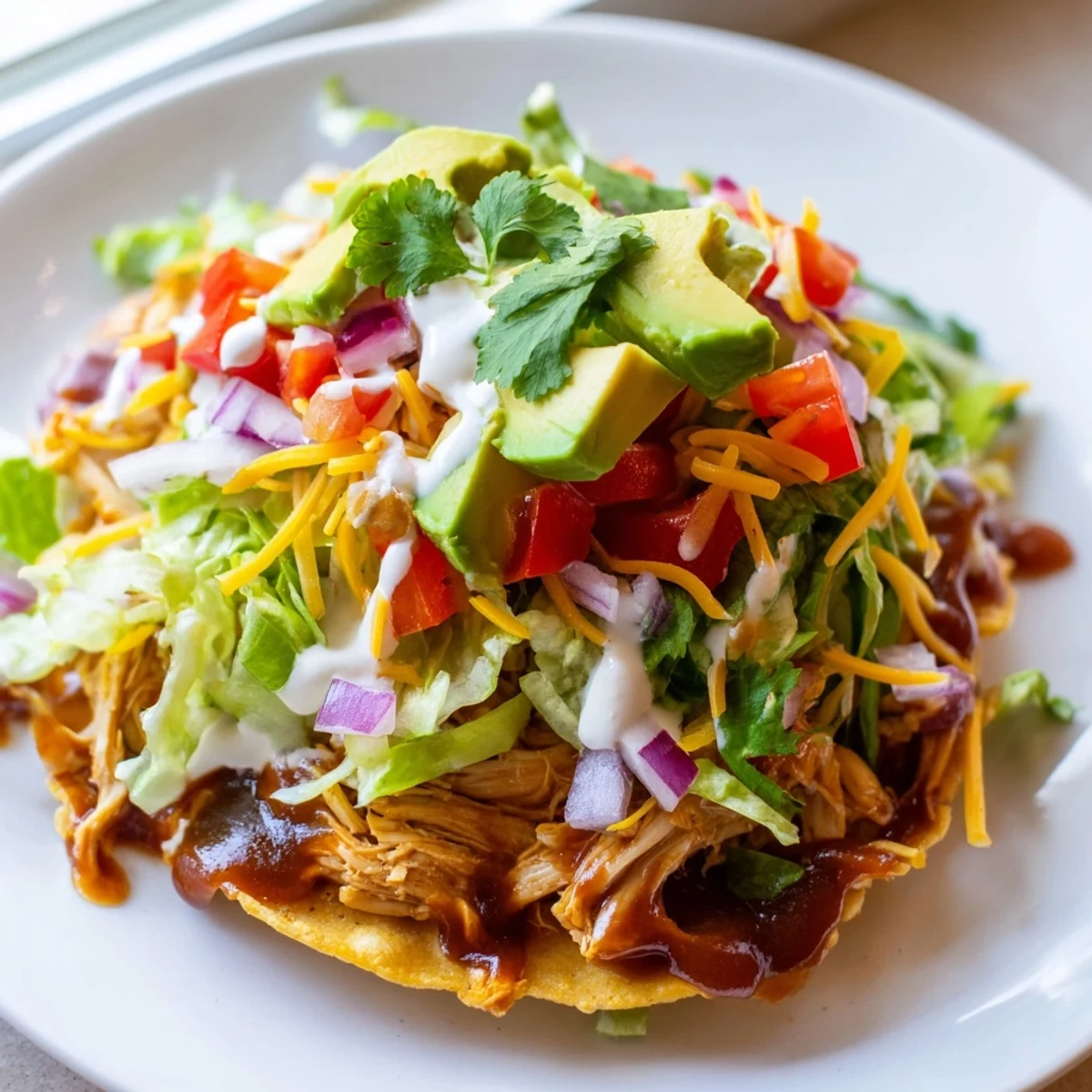Golden tostada shells piled high with tender sweet smoky BBQ chicken and colorful fresh toppings