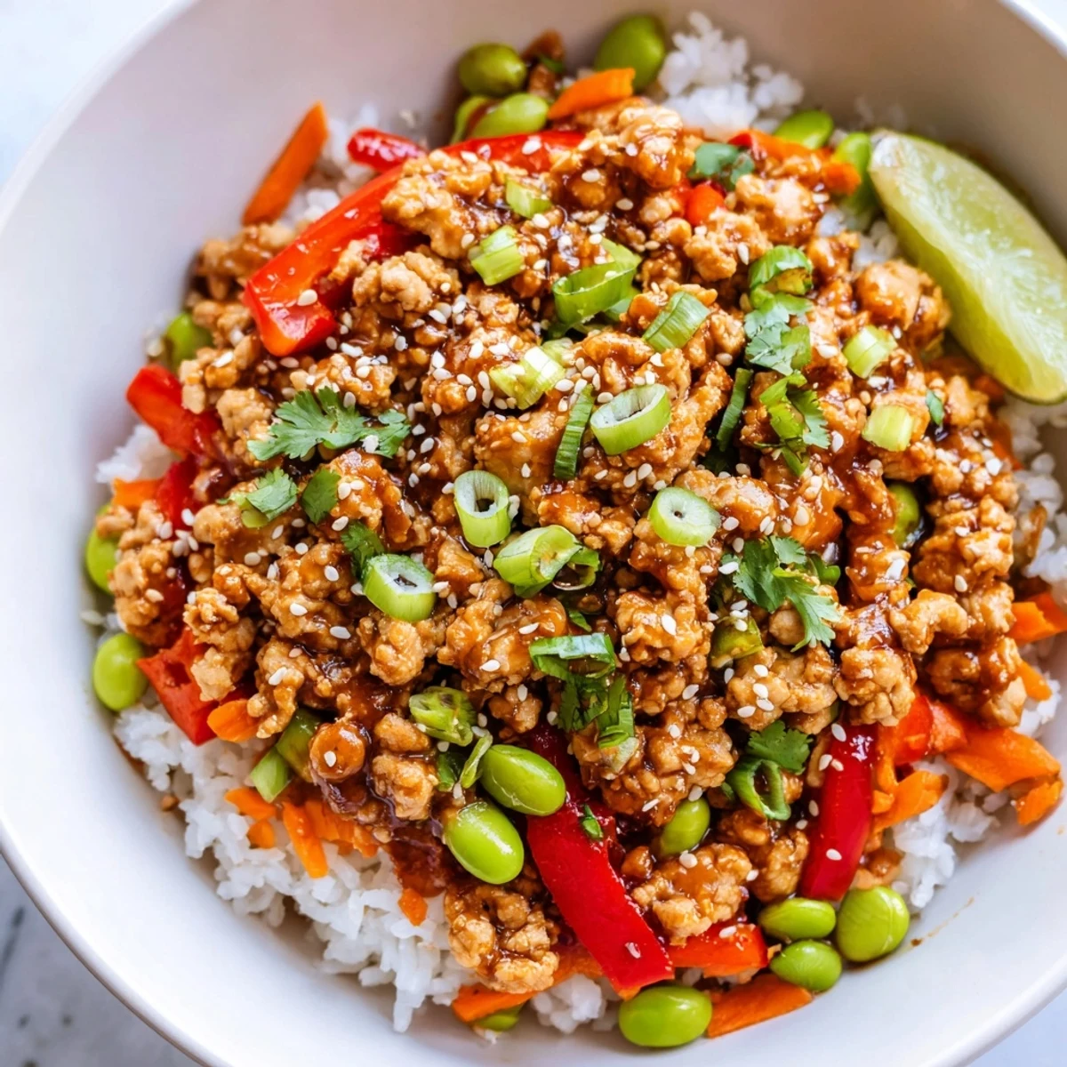 Colorful ground turkey rice bowls topped with sesame seeds, fresh cilantro, and lime wedges