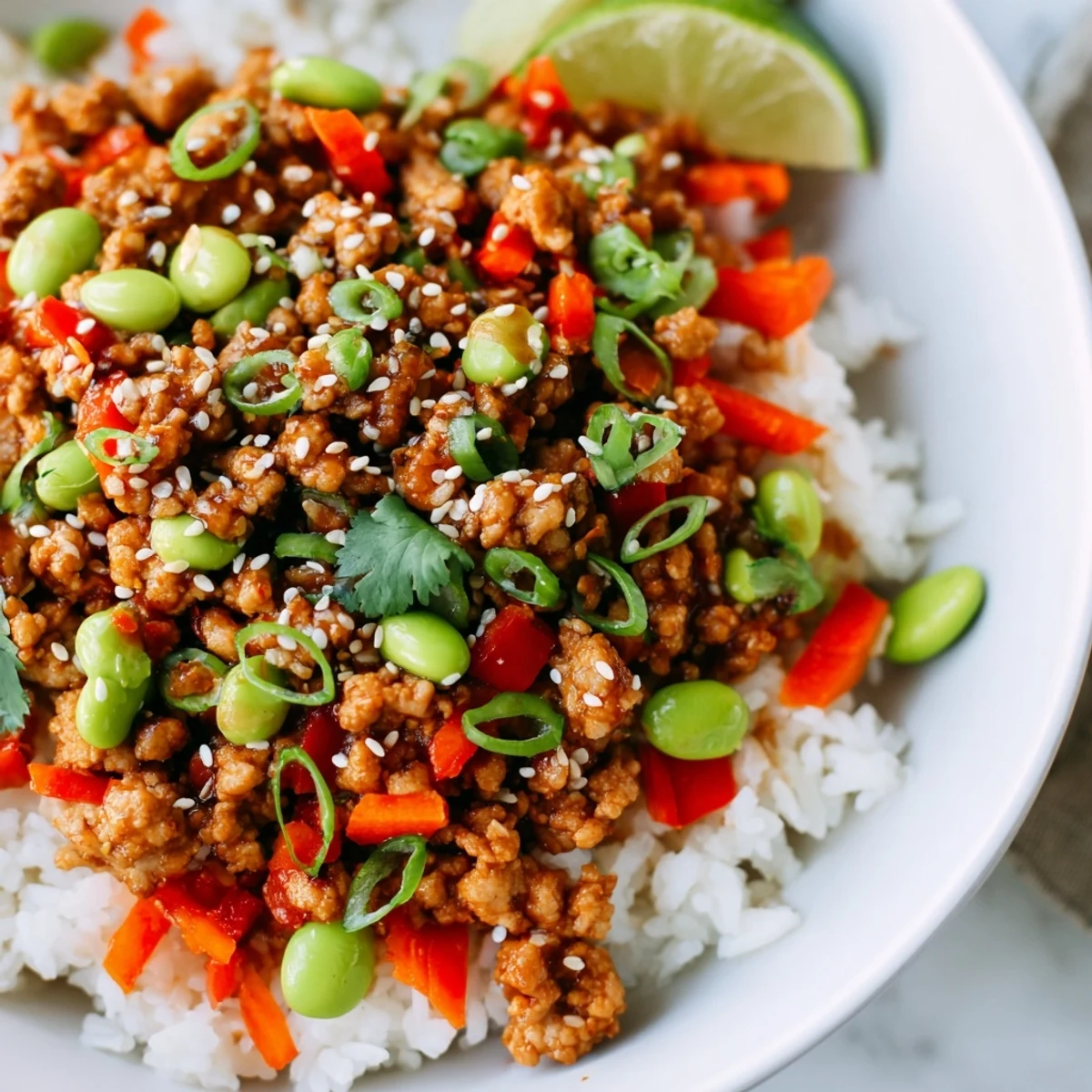 Hearty ground turkey rice bowls drizzled with spicy sriracha sauce and sprinkled green onions