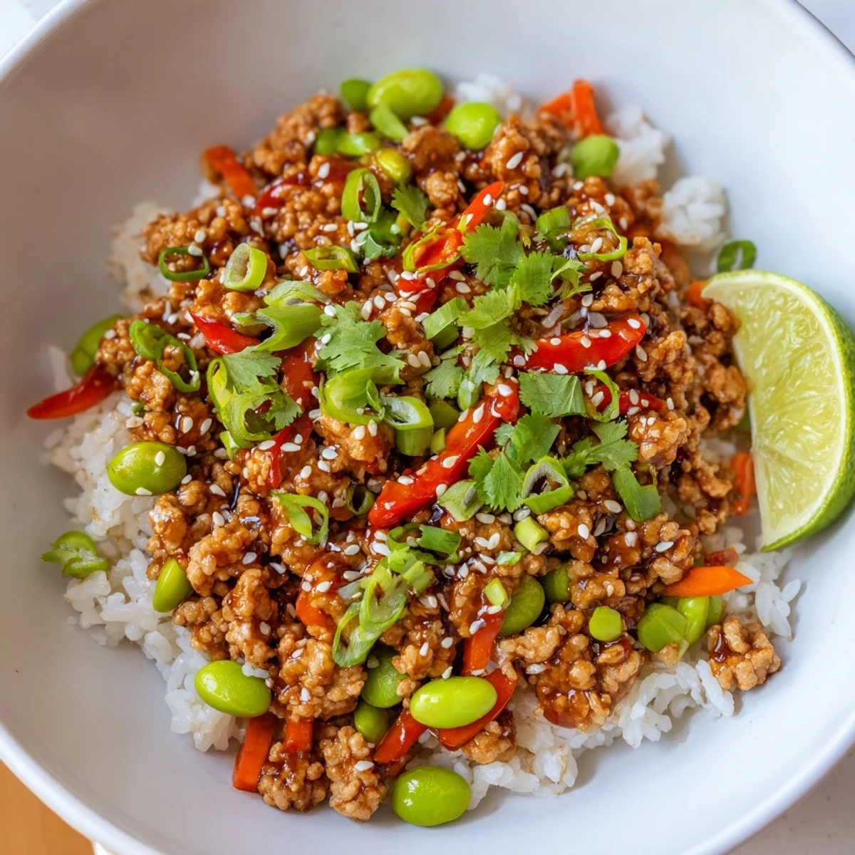 Savory ground turkey rice bowls with tender vegetables over steaming fluffy white rice