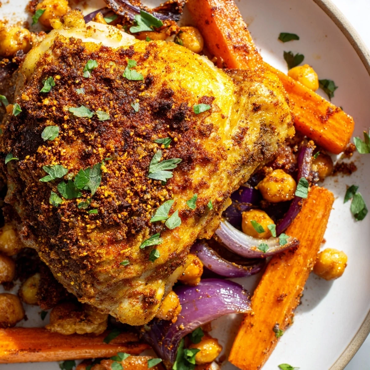 Golden sumac chicken with roasted carrots and chickpeas served fresh from the oven