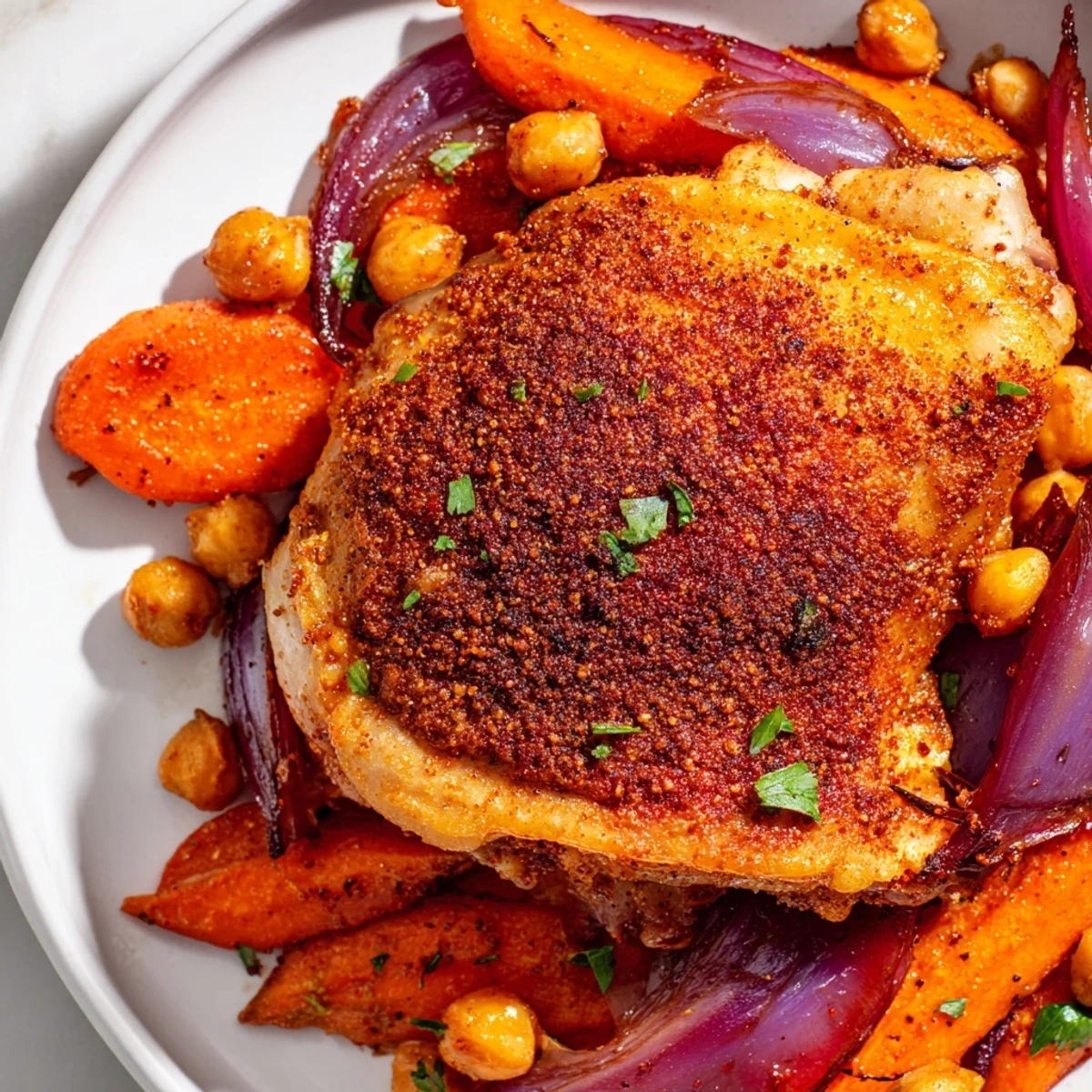 Juicy sumac chicken with caramelized carrots and chickpeas garnished with parsley and lemon wedges