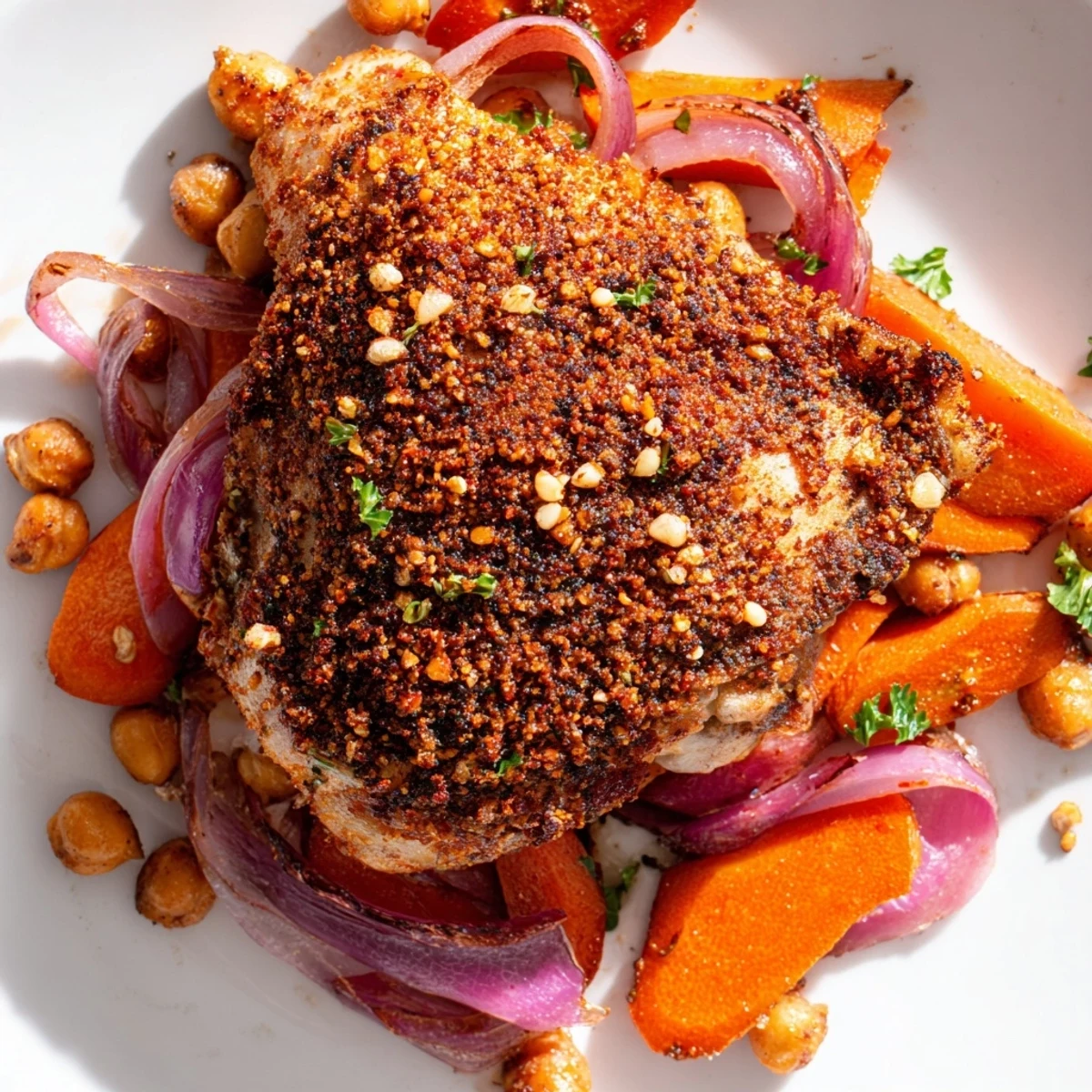 Crispy-skinned sumac chicken nestled over tender carrots and hearty chickpeas on a sheet pan