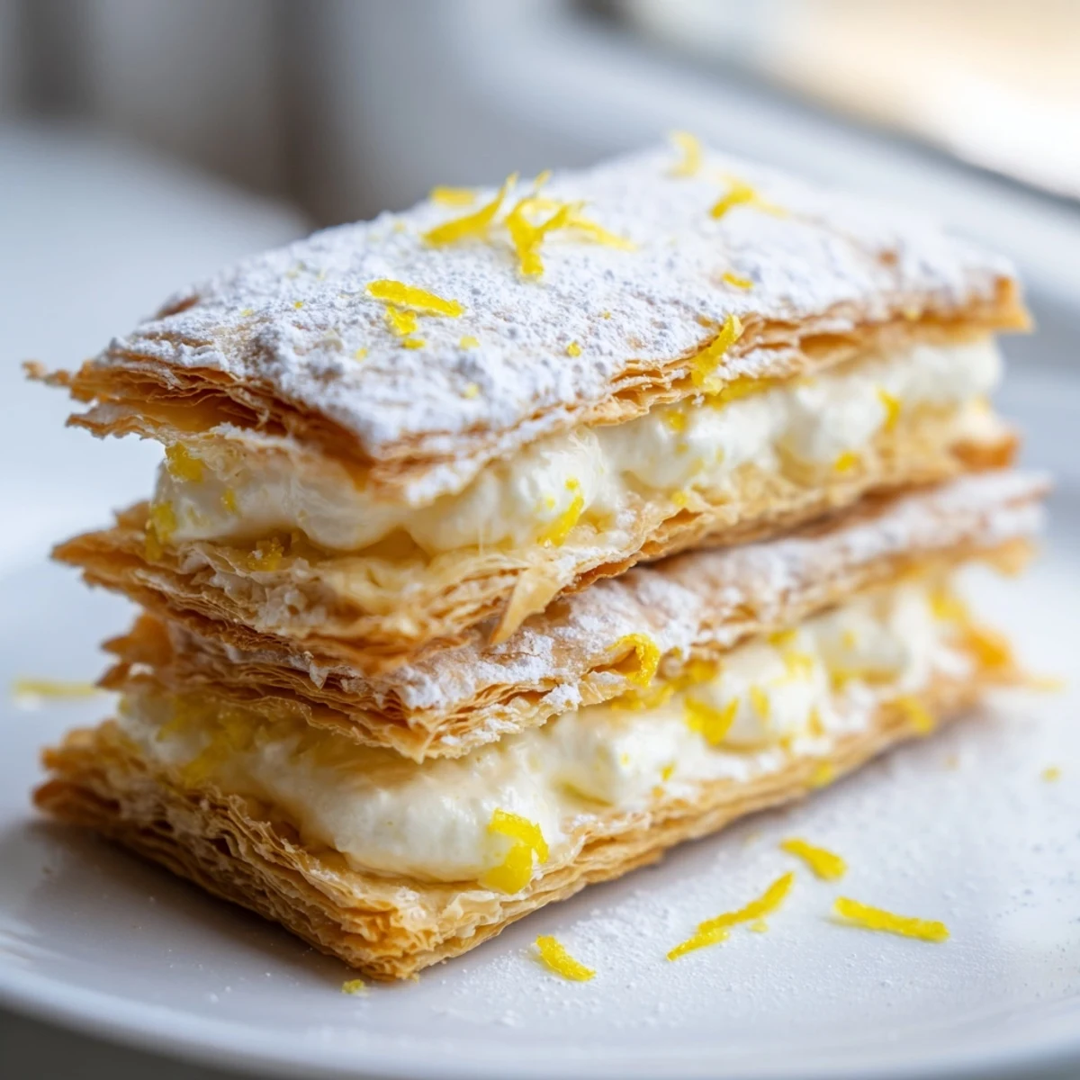 Crispy golden puff pastry layered with creamy lemon ricotta mille feuille and powdered sugar dusting