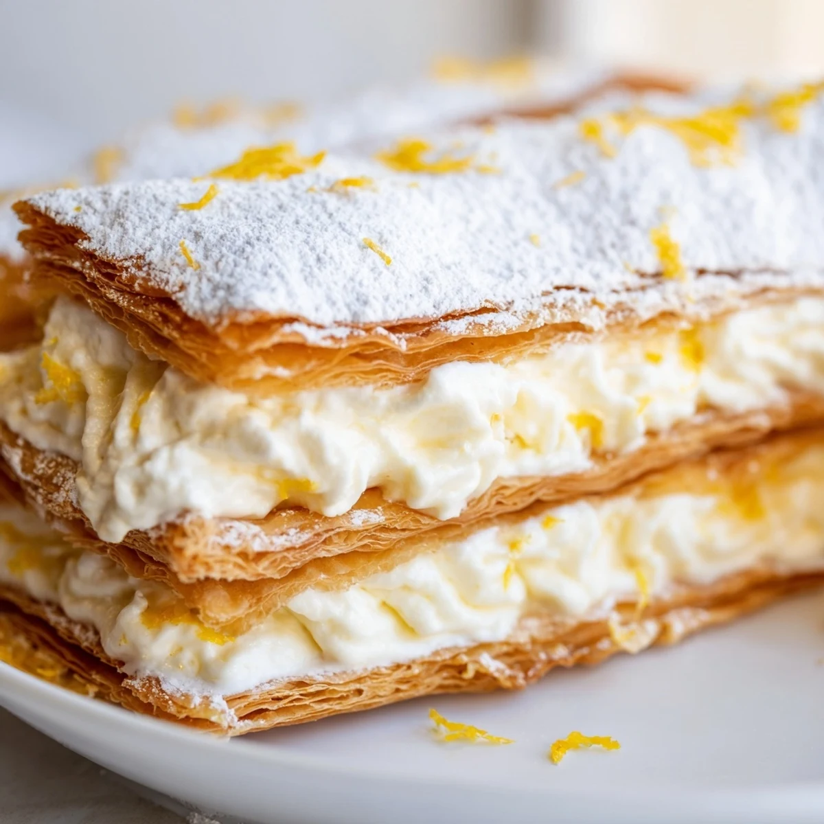 Lemon ricotta puff pastry mille feuille topped with fresh zest on a white plate