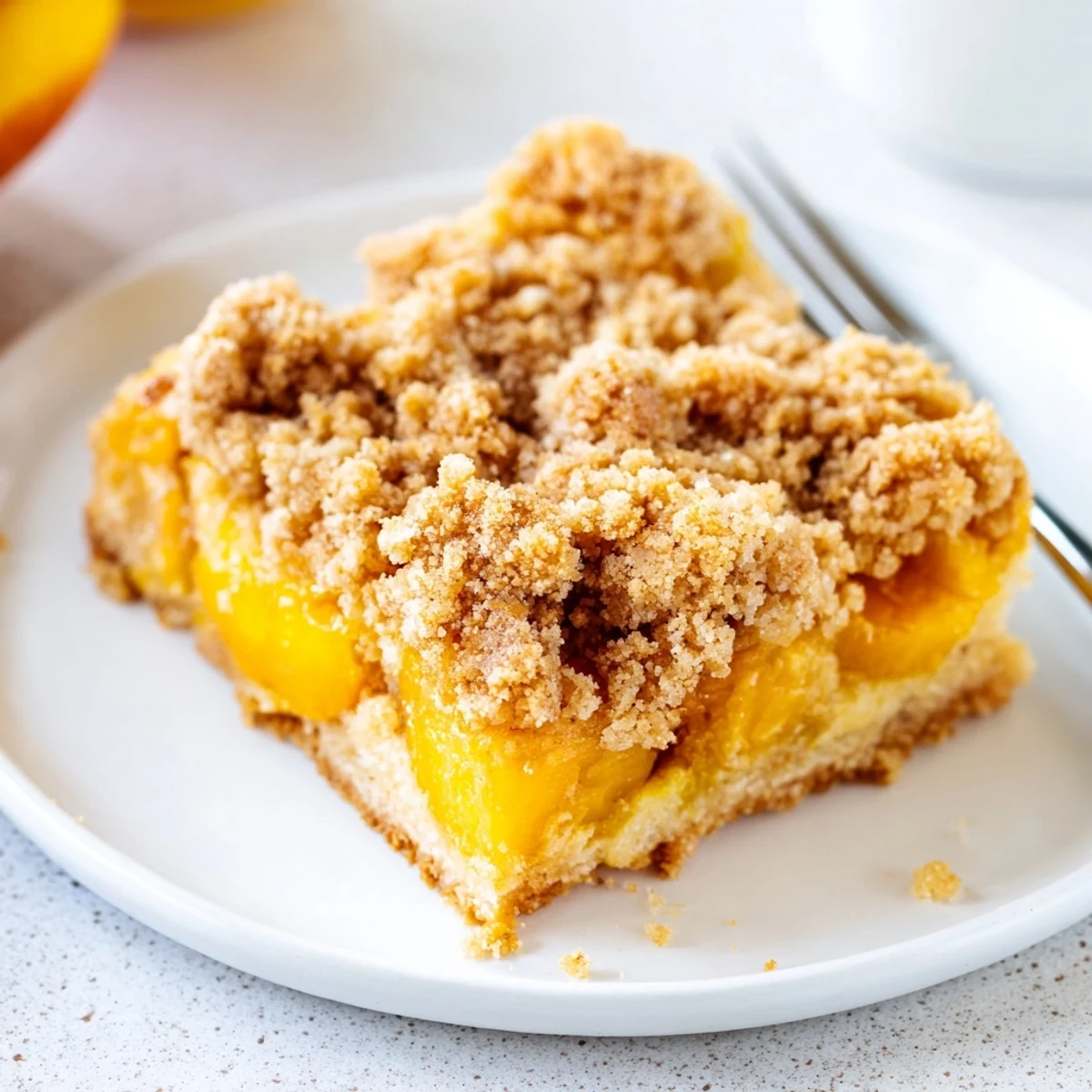 Golden sweet and buttery peach bars with cinnamon streusel fresh from the oven