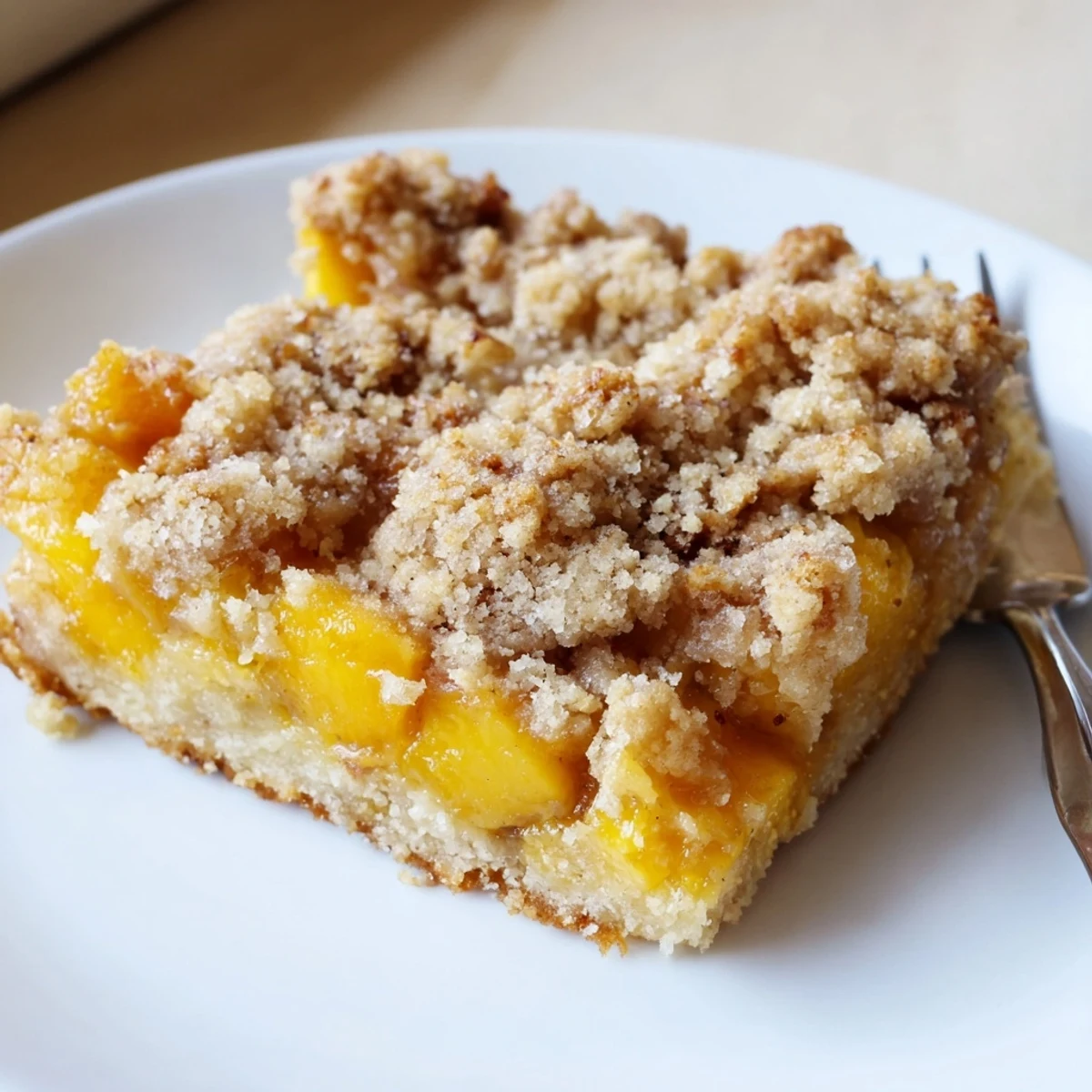 Warm sweet and buttery peach bars with cinnamon streusel served on a rustic plate