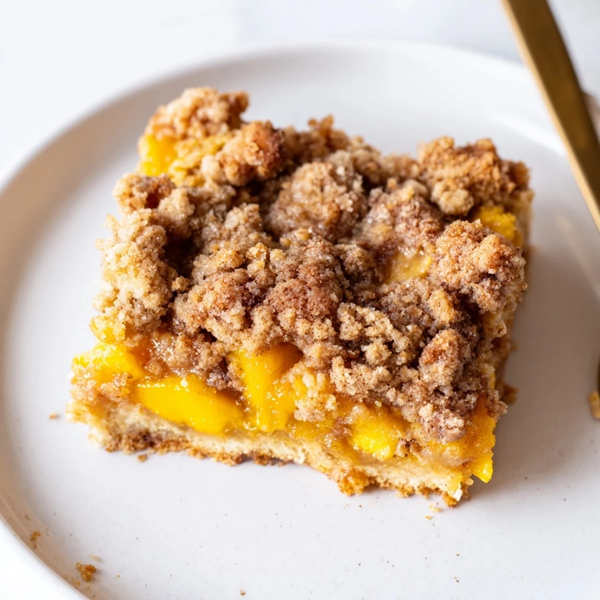 Sweet and buttery peach bars with cinnamon streusel topped with crumbly golden topping