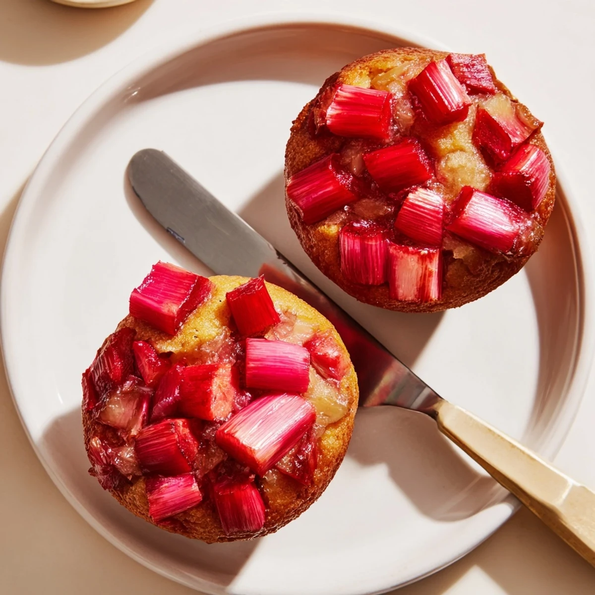 Golden upside down rhubarb muffins with caramelized fruit gleaming on a cooling rack