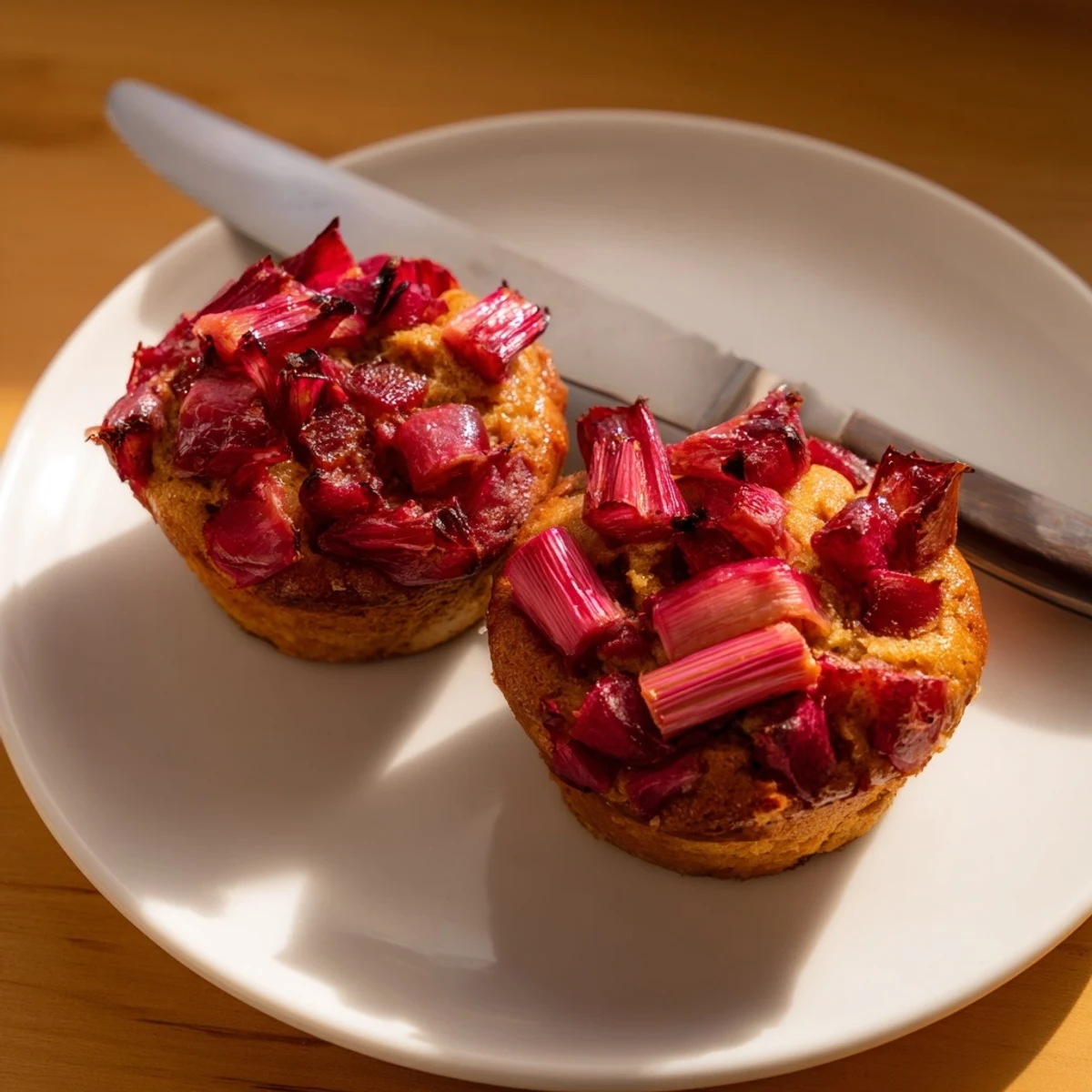 Upside down rhubarb muffins flipped to reveal glistening ruby-red fruit crowning tender vanilla cake