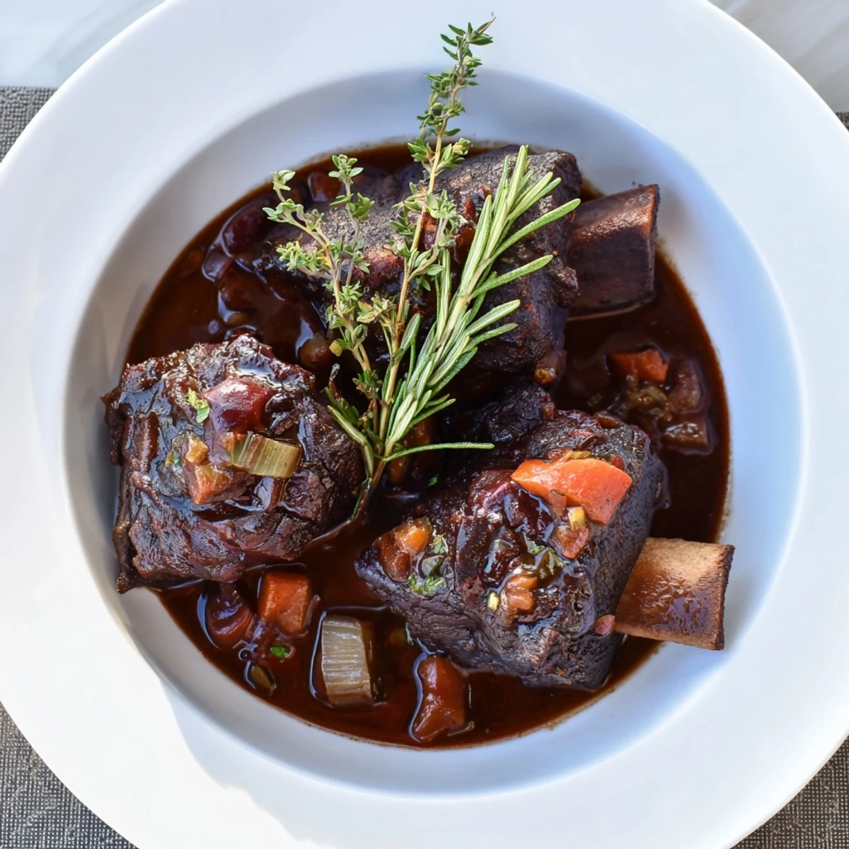Fall-off-the-bone oven braised beef short ribs glazed in a rich red wine sauce