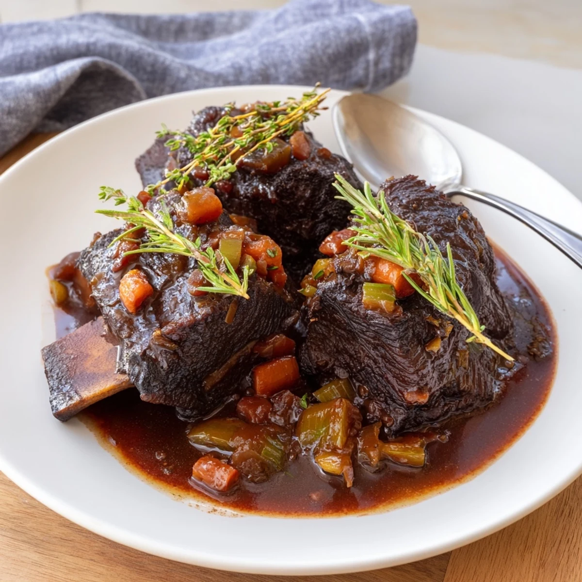 Tender oven braised beef short ribs nestled over creamy mashed potatoes with herbs