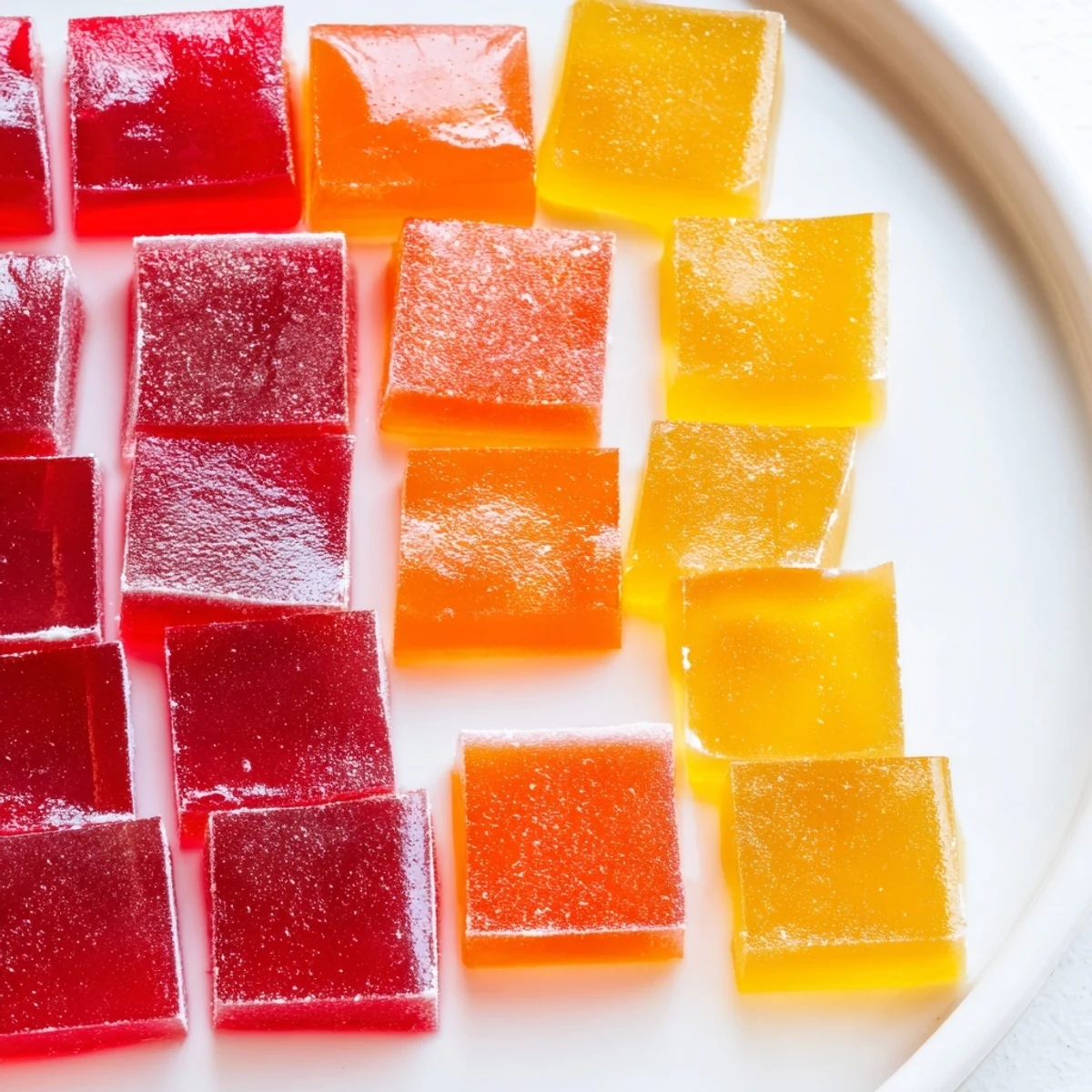 Sparkling collagen fruit jellies cut into neat cubes on a parchment-lined tray