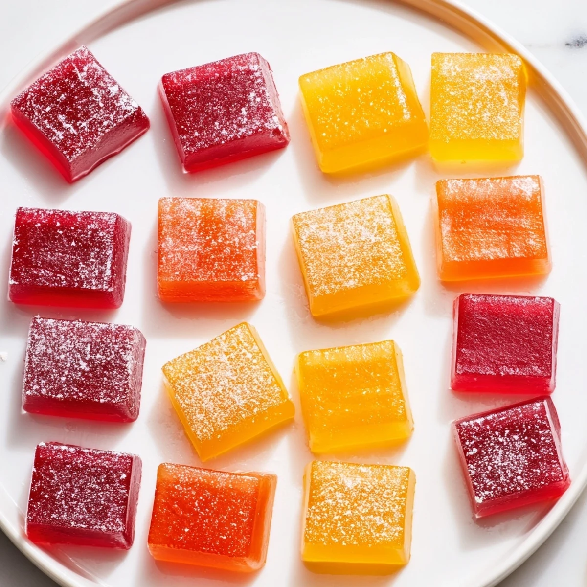 Dusted collagen fruit jellies in jewel-toned shades arranged on a rustic serving board